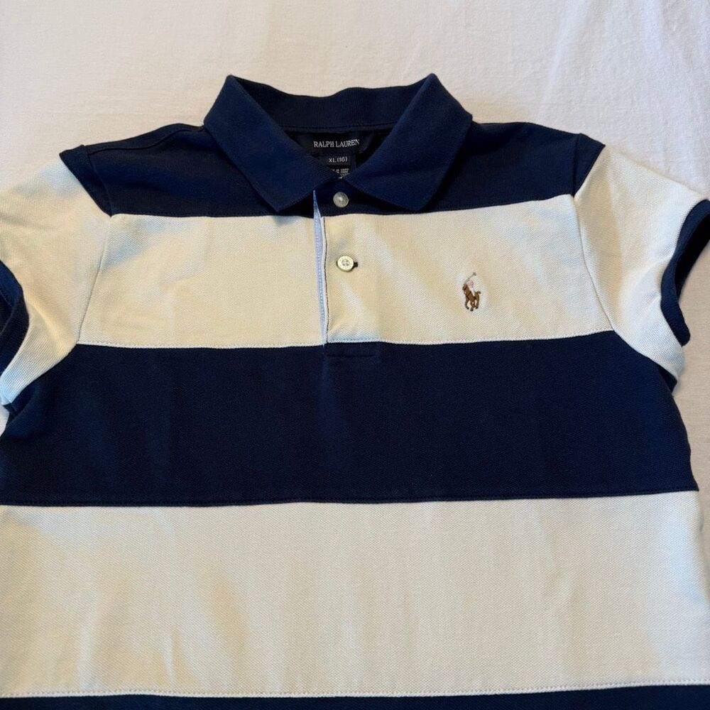 Ralph Lauren | Girls Striped Polo Dress Navy White Ruffle Hem XL 16